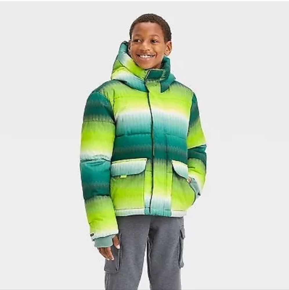 All In Motion Boys' Puffer Jacket With Hood & Cuffed Mittens Green